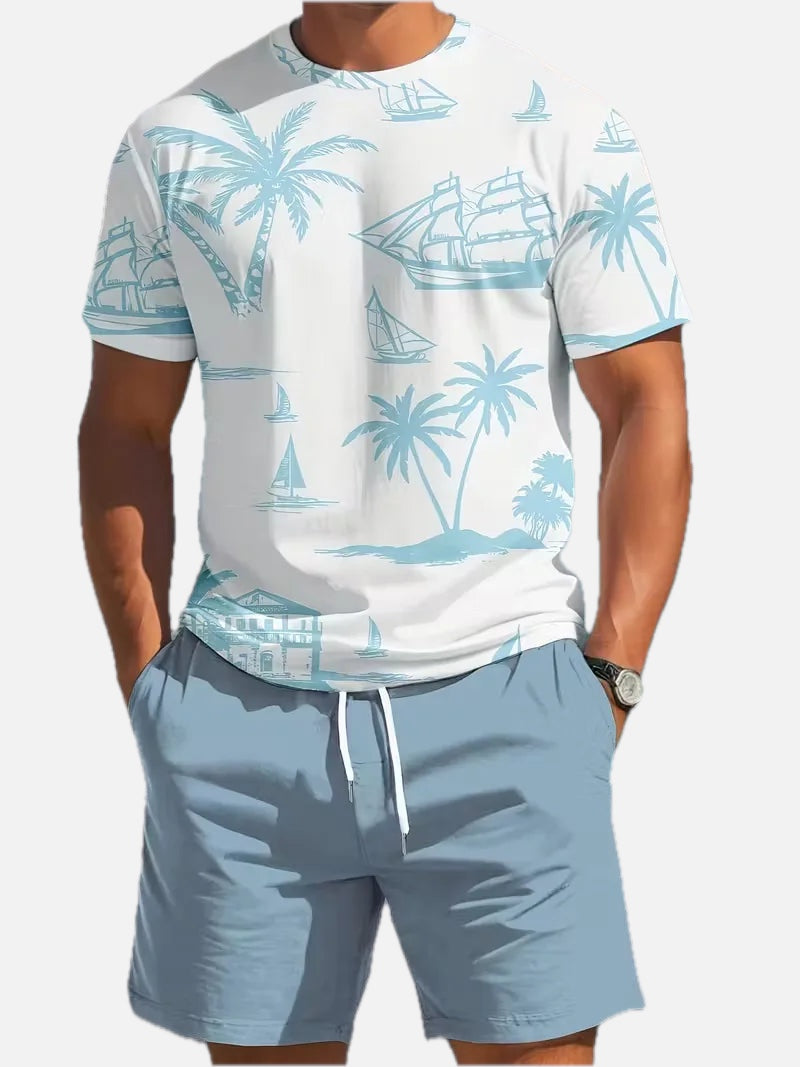 Men's Tropical Print T-Shirt and Shorts Set