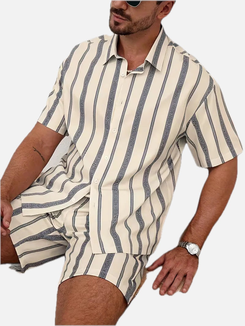 Men's Striped Short Sleeve Shirt and Shorts Set