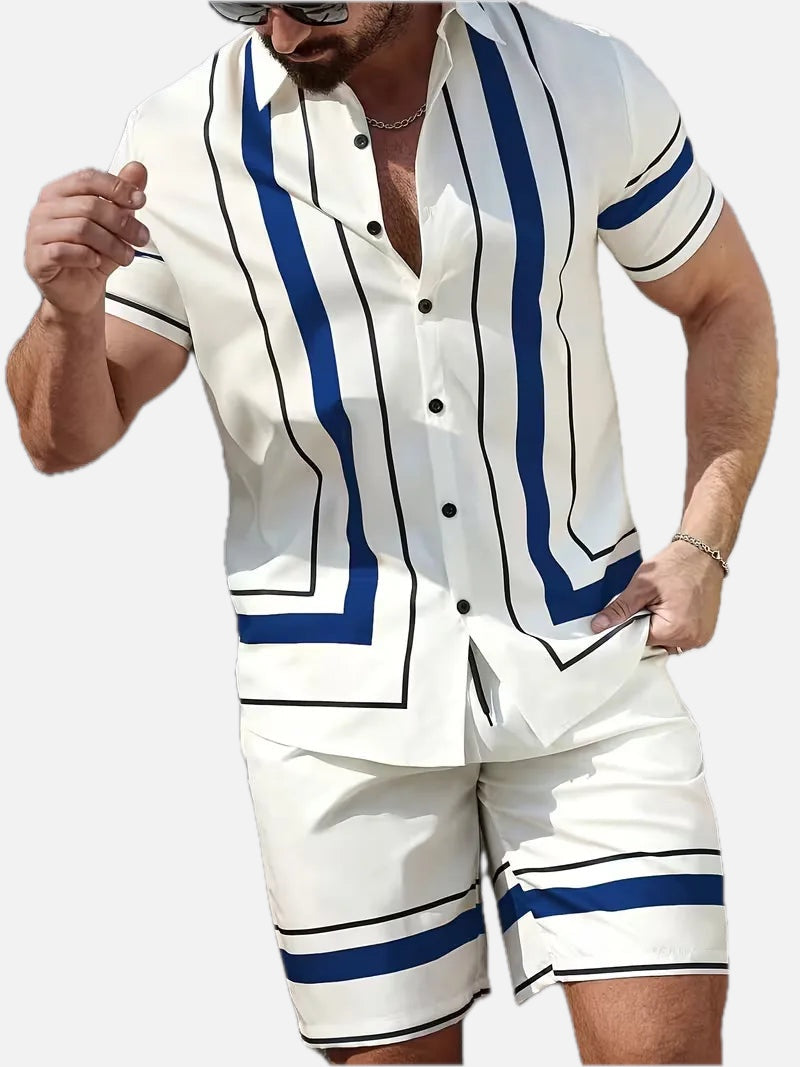 Men's Short Sleeve Shirt and Shorts Set in White/Blue