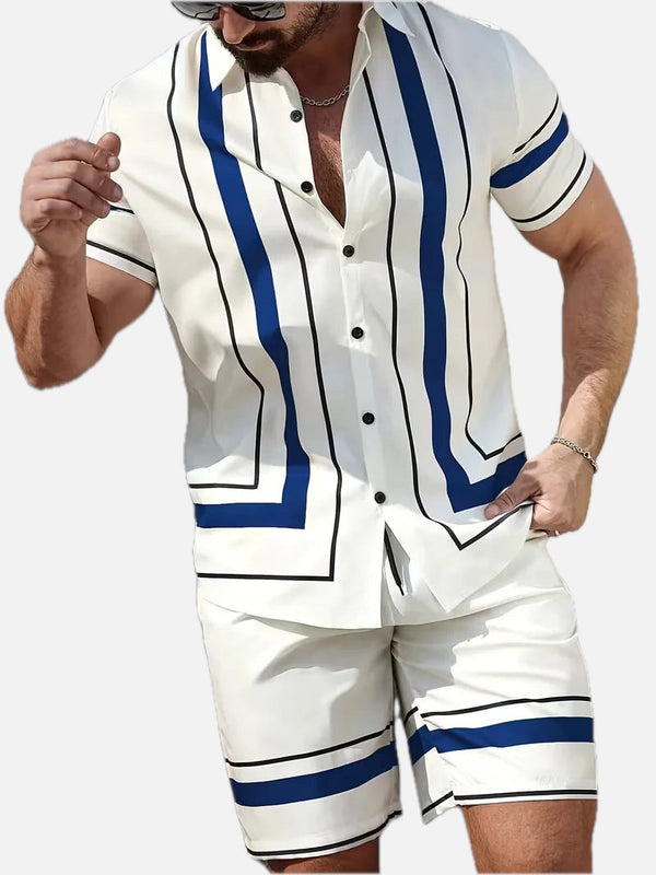 Men's Short Sleeve Shirt and Shorts Set in White/Blue