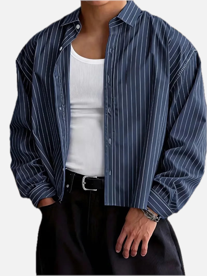 Men's Oversized Vertical Stripe Shirt in Navy Blue