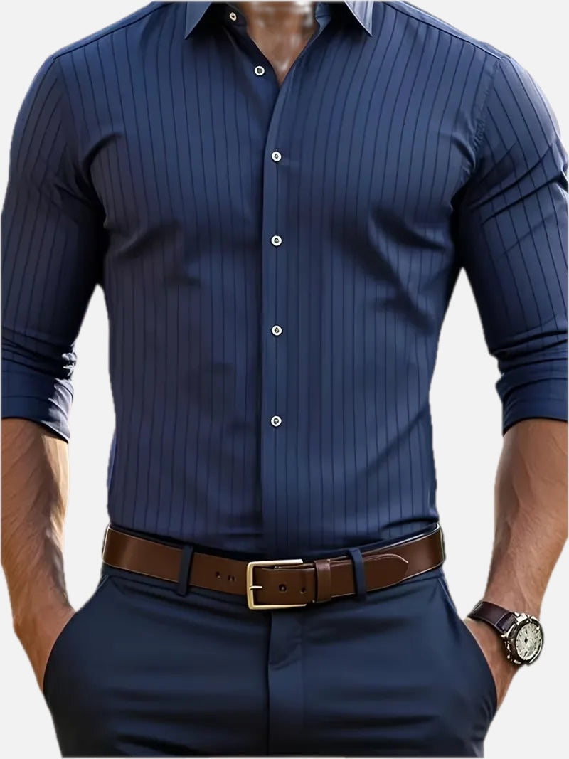 Men's Slim-Fit Striped Mandarin Collar Shirt