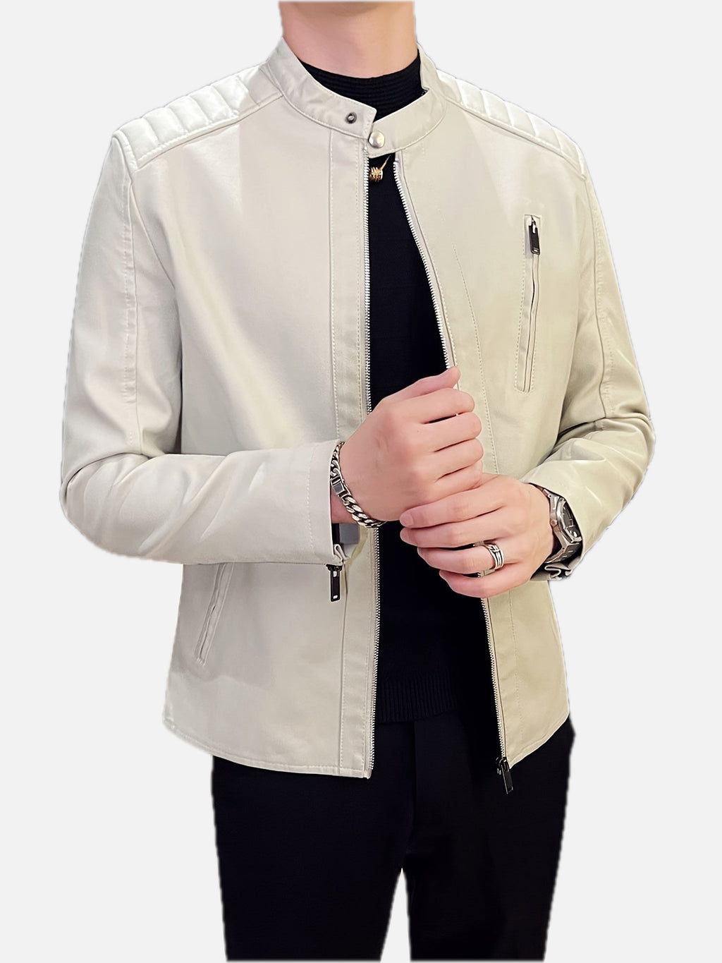 Men's Faux Leather Biker Jacket with Stand Collar