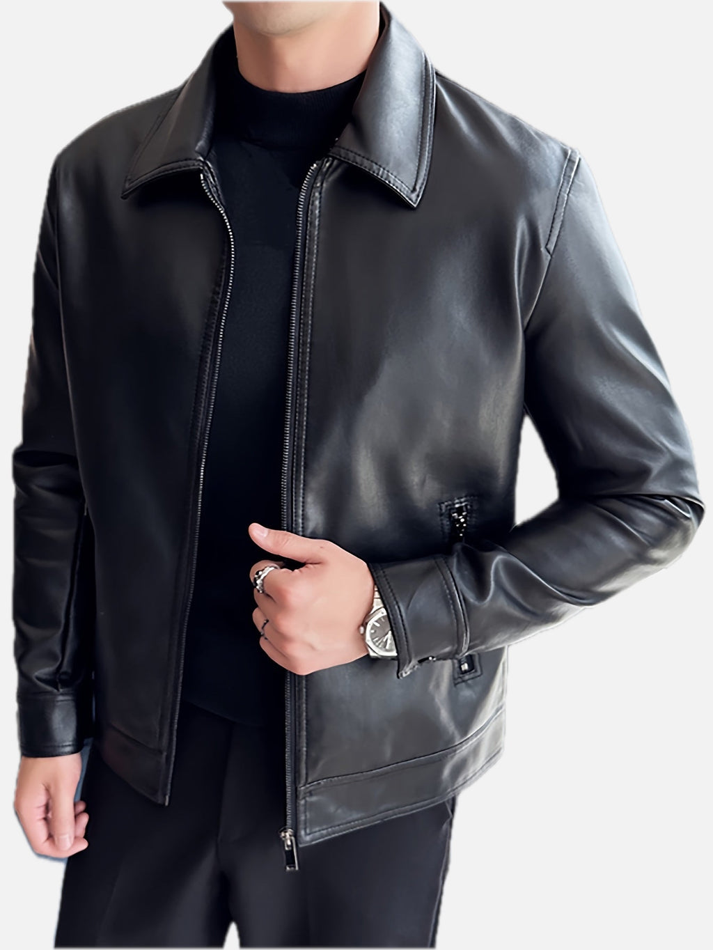 Men's Faux Leather Jacket with Zip and Pockets