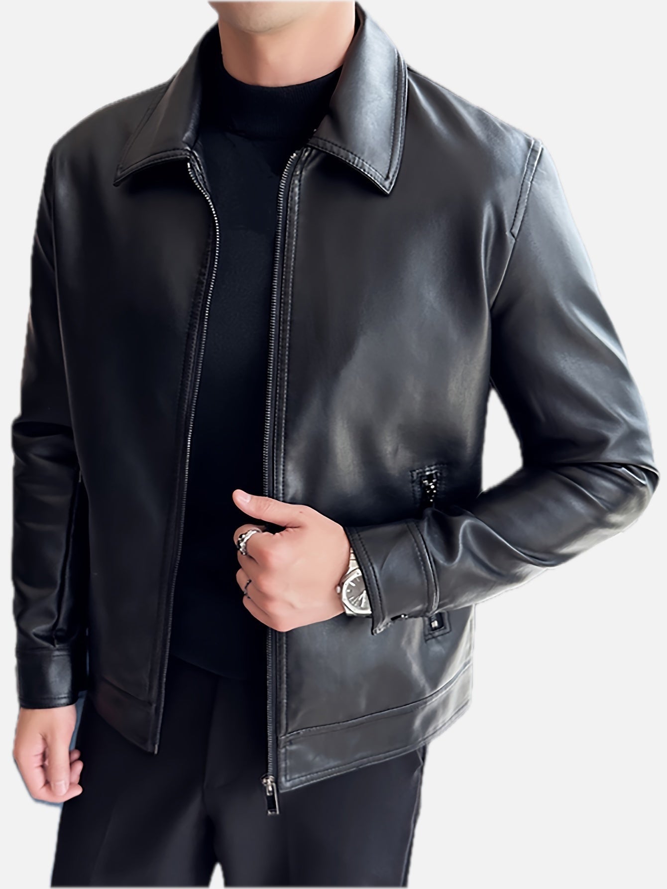 Men's Faux Leather Jacket with Zip and Pockets