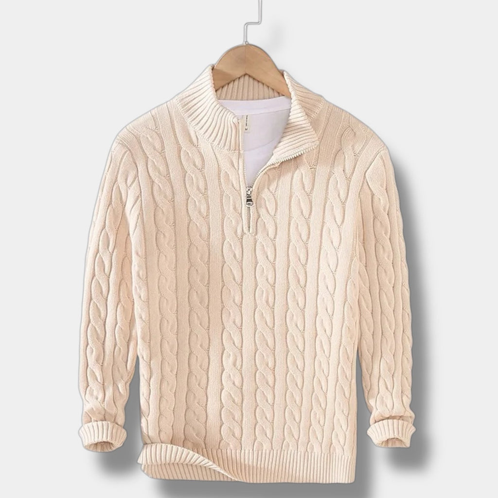 Men's Half-Zip Cable-Knit Sweater – Textured Stand-Collar Pullover