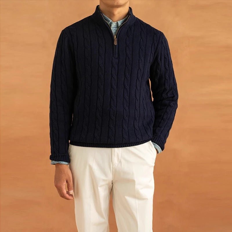 Men's Half-Zip Cable-Knit Sweater – Textured Stand-Collar Pullover