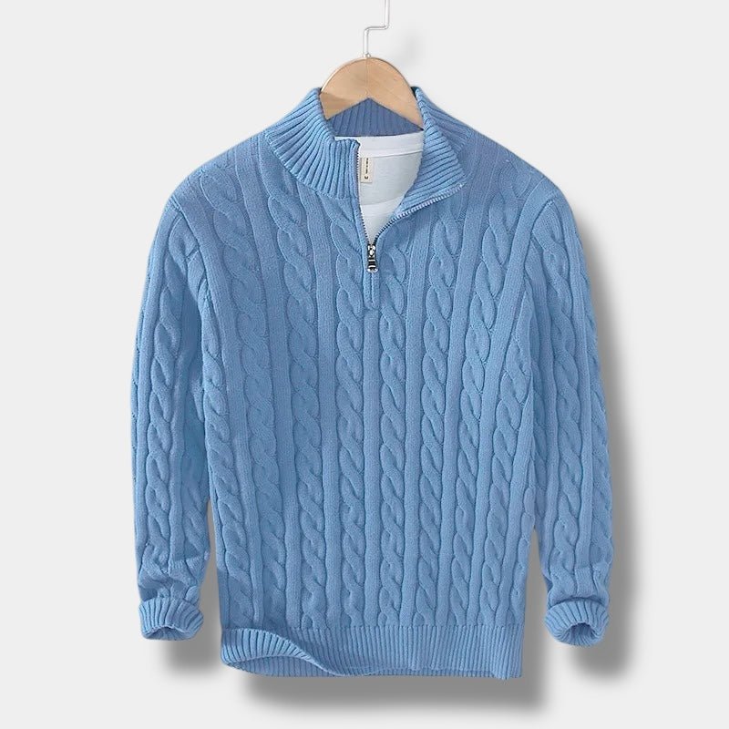 Men's Half-Zip Cable-Knit Sweater – Textured Stand-Collar Pullover