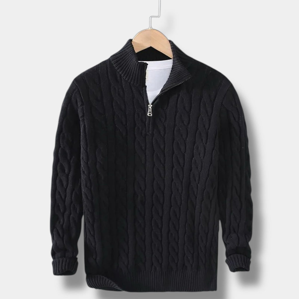 Men's Half-Zip Cable-Knit Sweater – Textured Stand-Collar Pullover