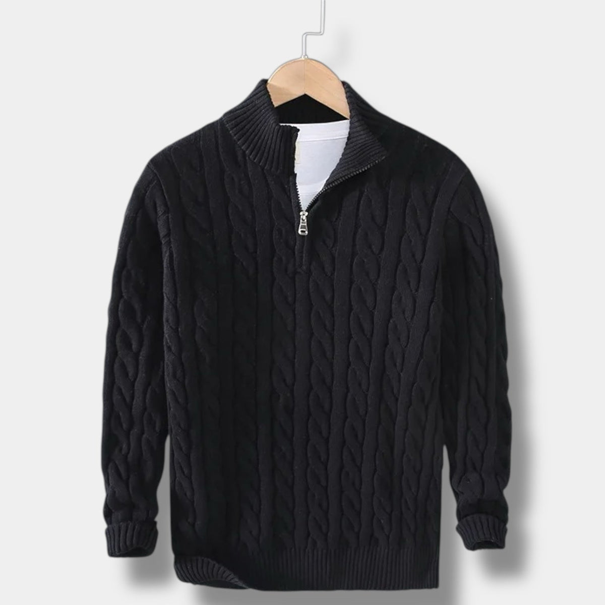 Men's Half-Zip Cable-Knit Sweater – Textured Stand-Collar Pullover