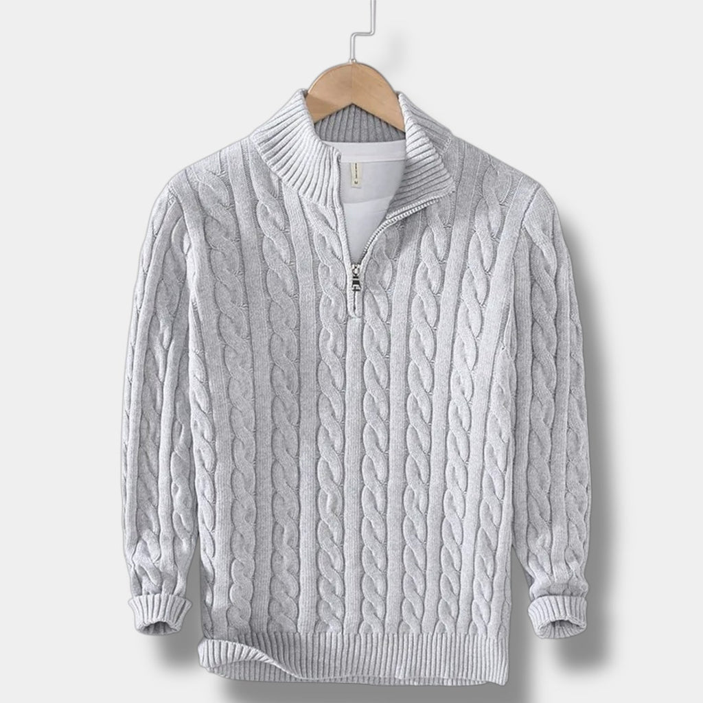 Men's Half-Zip Cable-Knit Sweater – Textured Stand-Collar Pullover