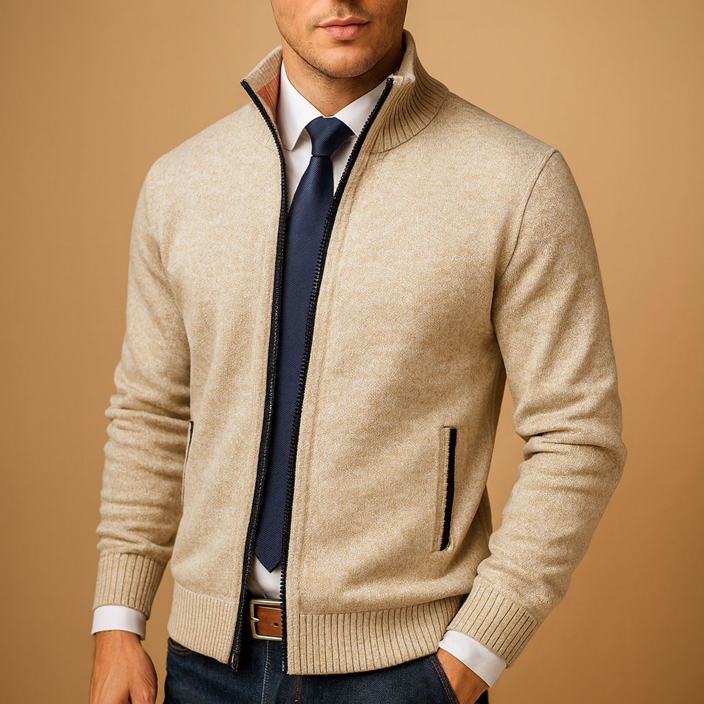 Men's Zip-Up Knitted Cardigan with Stand Collar – Marled Knit Jacket