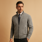 Men's Zip-Up Knitted Cardigan with Stand Collar – Marled Knit Jacket