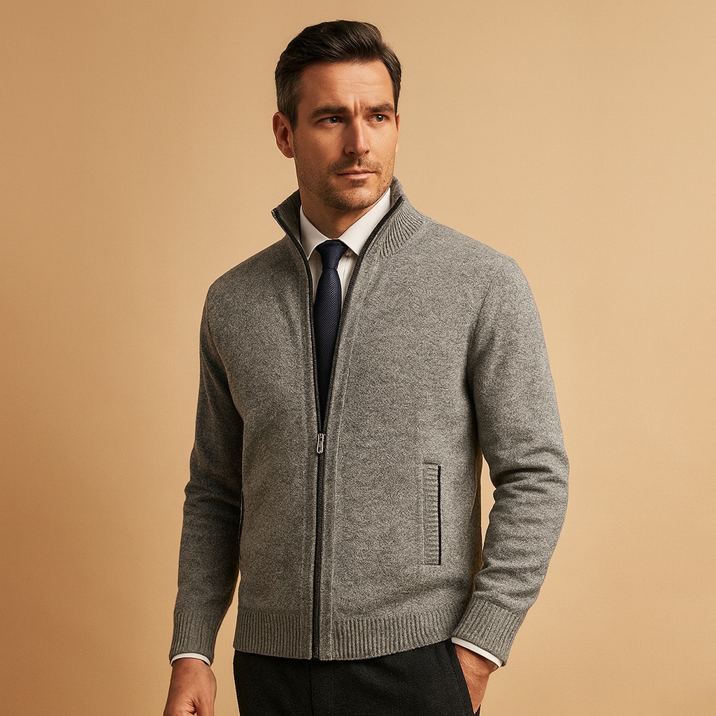 Men's Zip-Up Knitted Cardigan with Stand Collar – Marled Knit Jacket