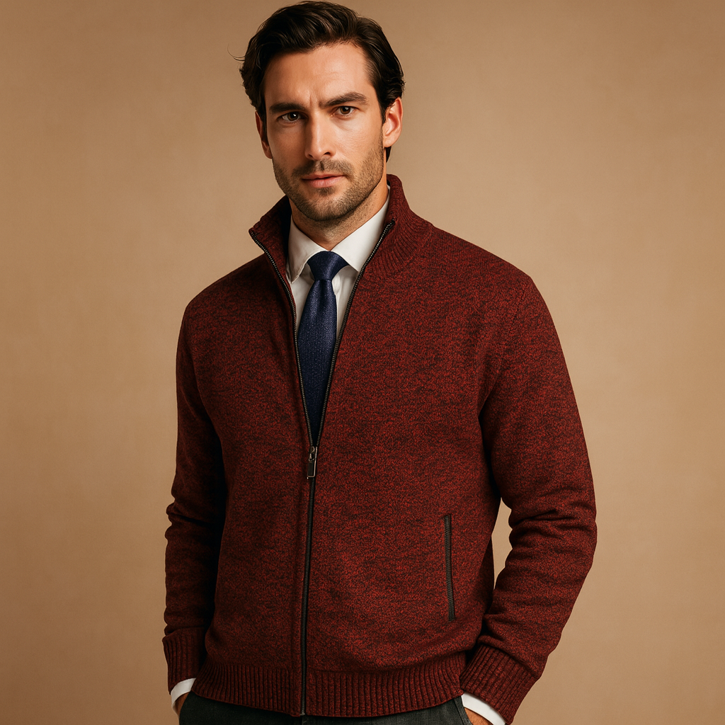 Men's Zip-Up Knitted Cardigan with Stand Collar – Marled Knit Jacket