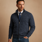 Men's Zip-Up Knitted Cardigan with Stand Collar – Marled Knit Jacket