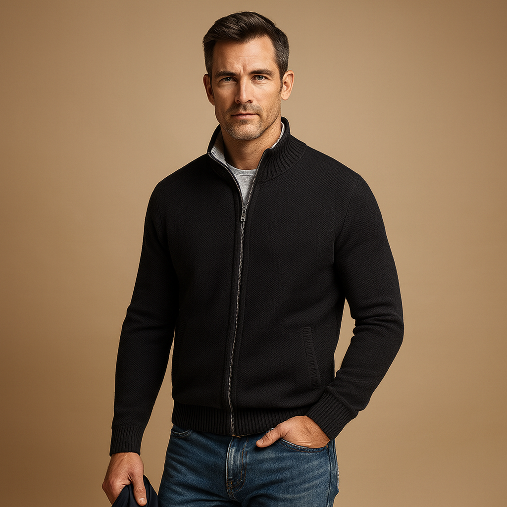 Men's Zip-Up Knitted Cardigan with Stand Collar – Marled Knit Jacket