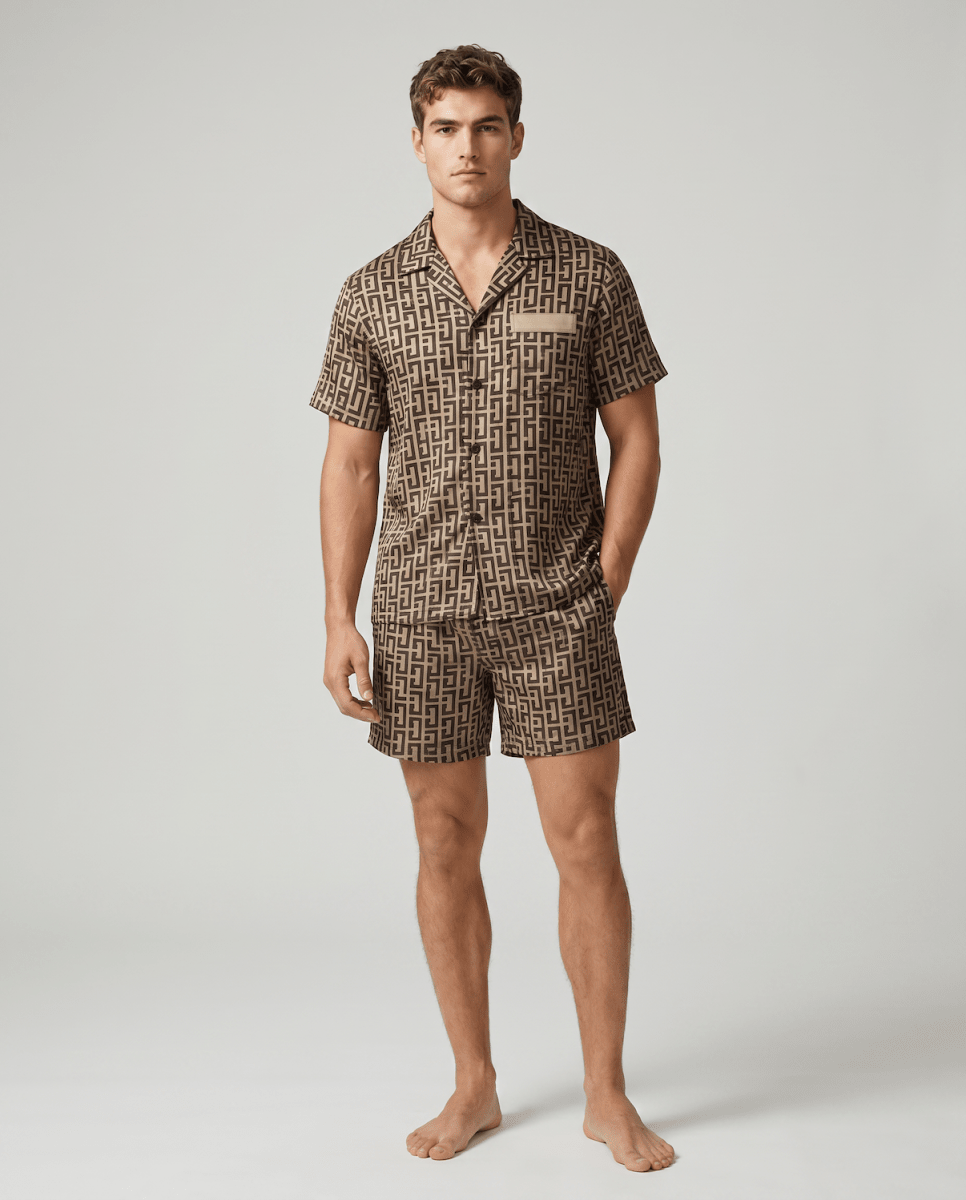 Men's Patterned Satin Pyjama Set – Short-Sleeve Button-Up Sleep Shirt