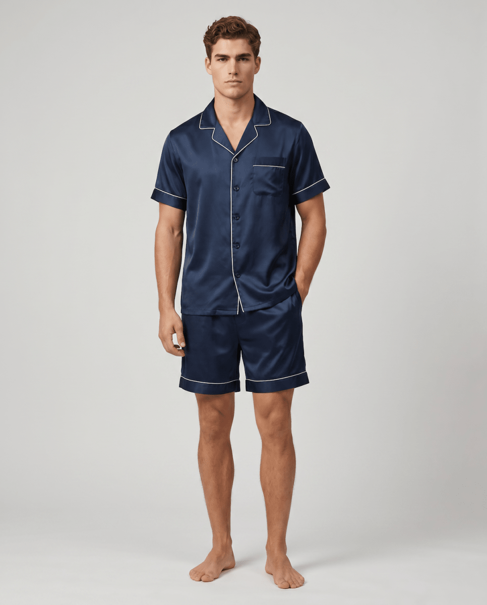 Men's Patterned Satin Pyjama Set – Short-Sleeve Button-Up Sleep Shirt