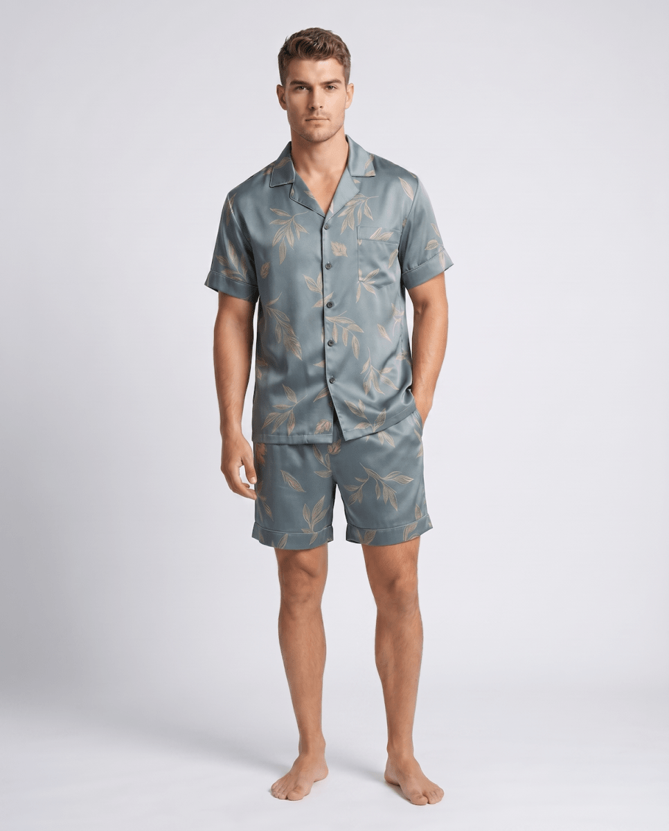 Men's Patterned Satin Pyjama Set – Short-Sleeve Button-Up Sleep Shirt