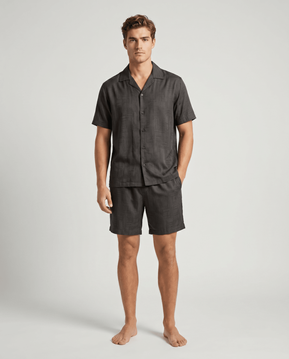 Men's Patterned Satin Pyjama Set – Short-Sleeve Button-Up Sleep Shirt