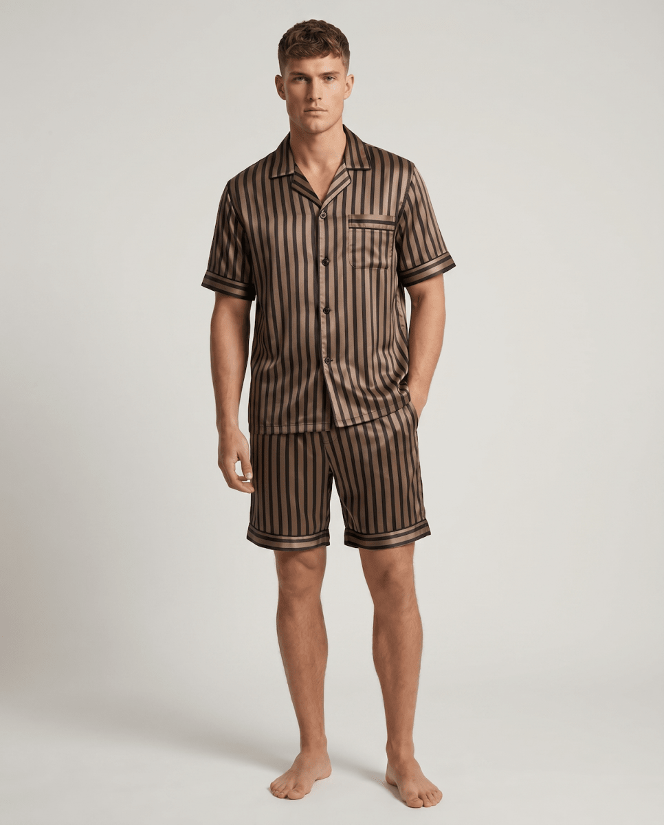 Men's Patterned Satin Pyjama Set – Short-Sleeve Button-Up Sleep Shirt