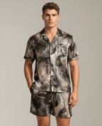 Men's Patterned Satin Pyjama Set – Short-Sleeve Button-Up Sleep Shirt