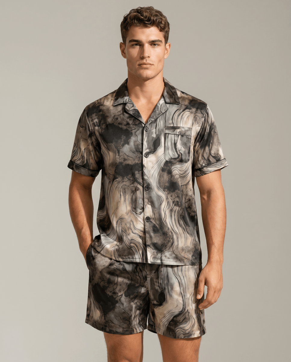 Men's Patterned Satin Pyjama Set – Short-Sleeve Button-Up Sleep Shirt