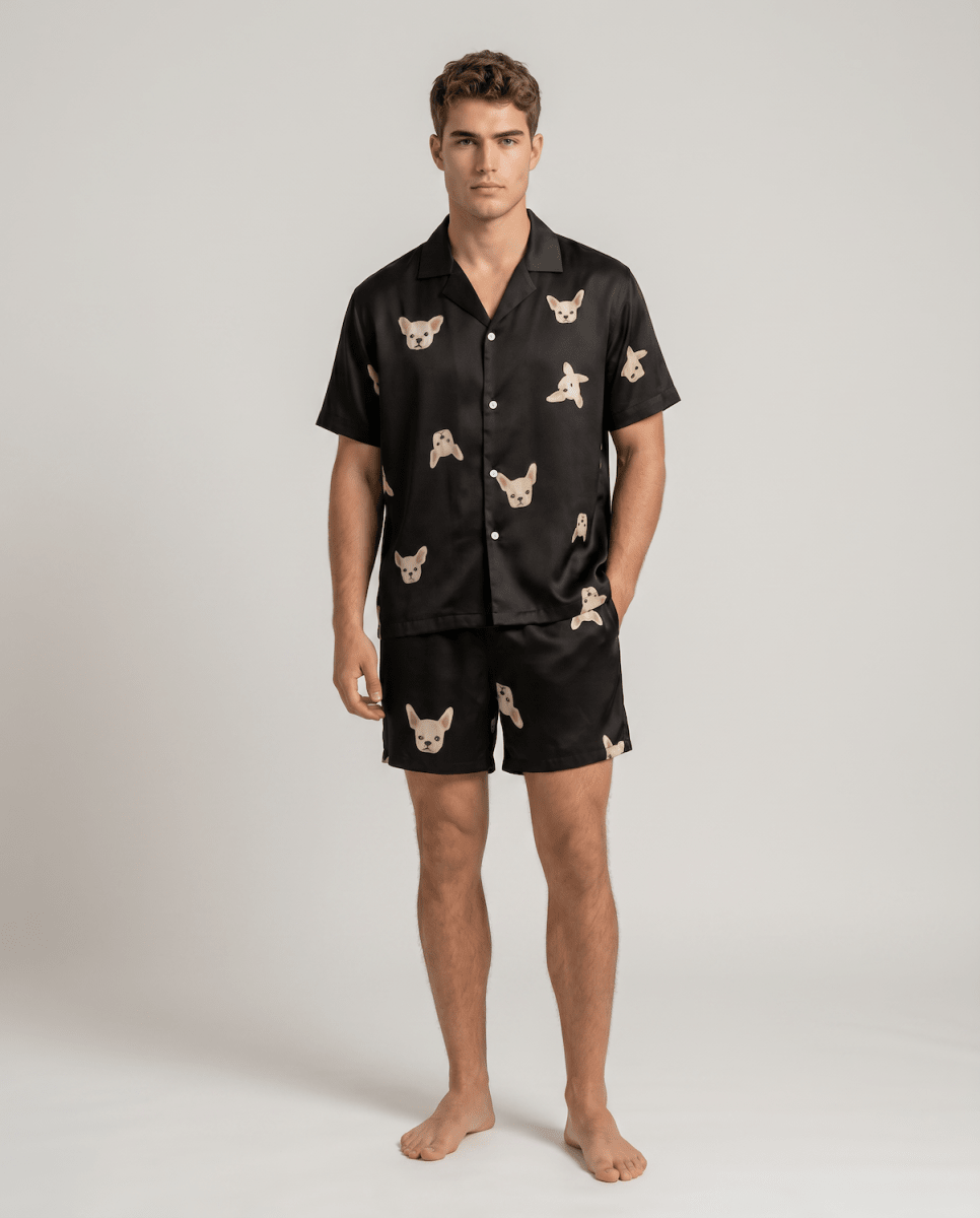 Men's Patterned Satin Pyjama Set – Short-Sleeve Button-Up Sleep Shirt