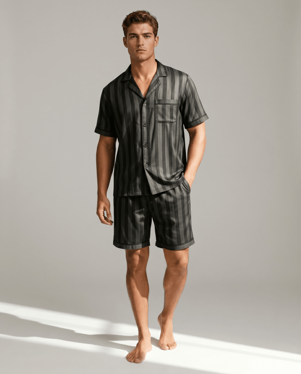Men's Patterned Satin Pyjama Set – Short-Sleeve Button-Up Sleep Shirt