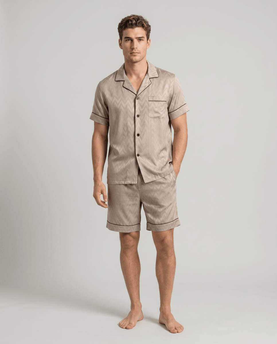 Men's Patterned Satin Pyjama Set – Short-Sleeve Button-Up Sleep Shirt