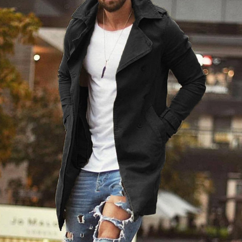 Men's Slim-Fit Mid-Length Trench Coat – Structured Wide-Lapel Layer
