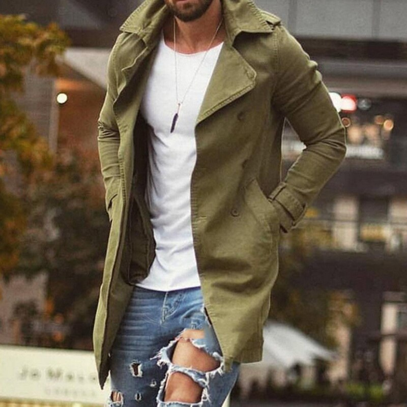 Men's Slim-Fit Mid-Length Trench Coat – Structured Wide-Lapel Layer