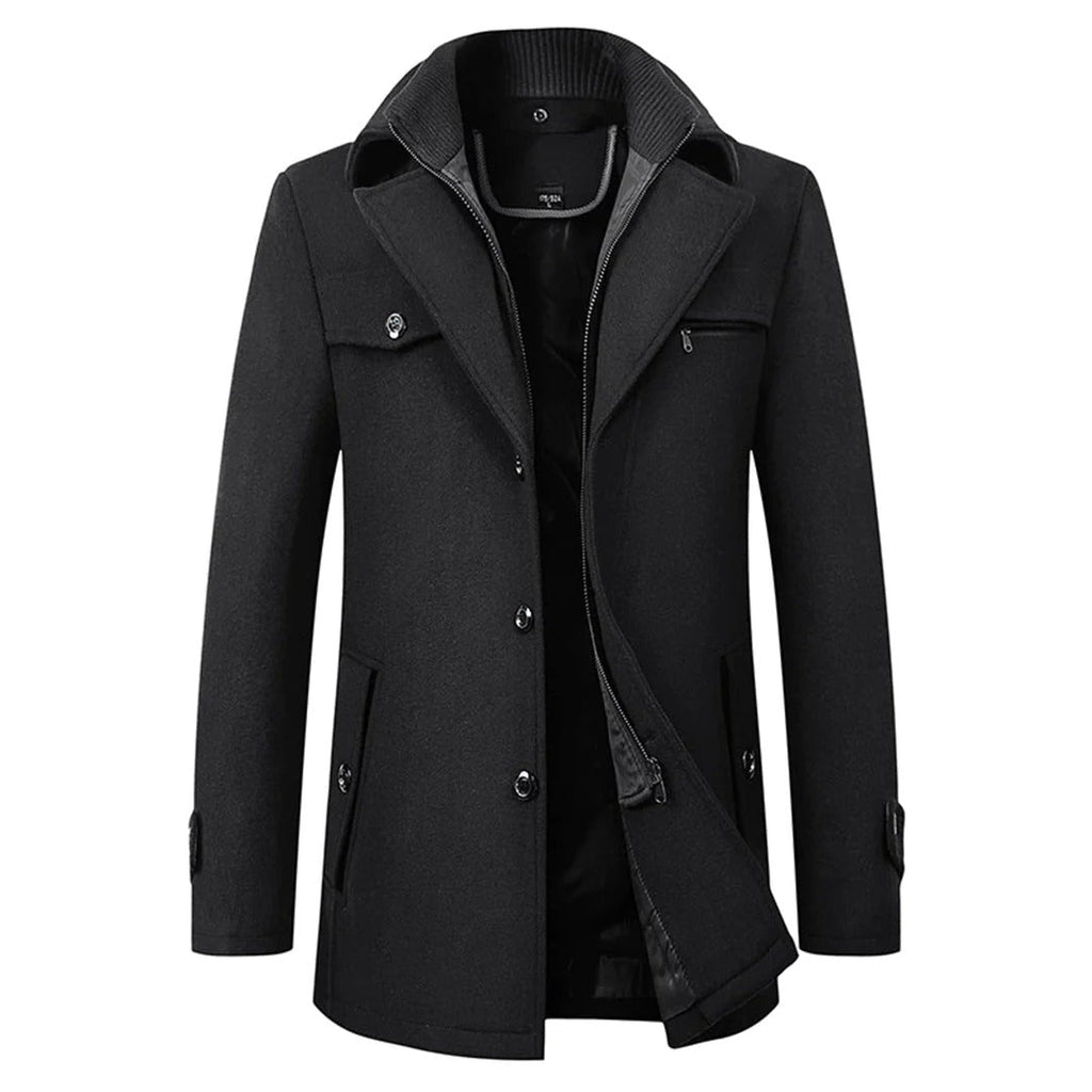 Men's wool-blend Winter Coat – Stand-Collar Button-Front Overcoat