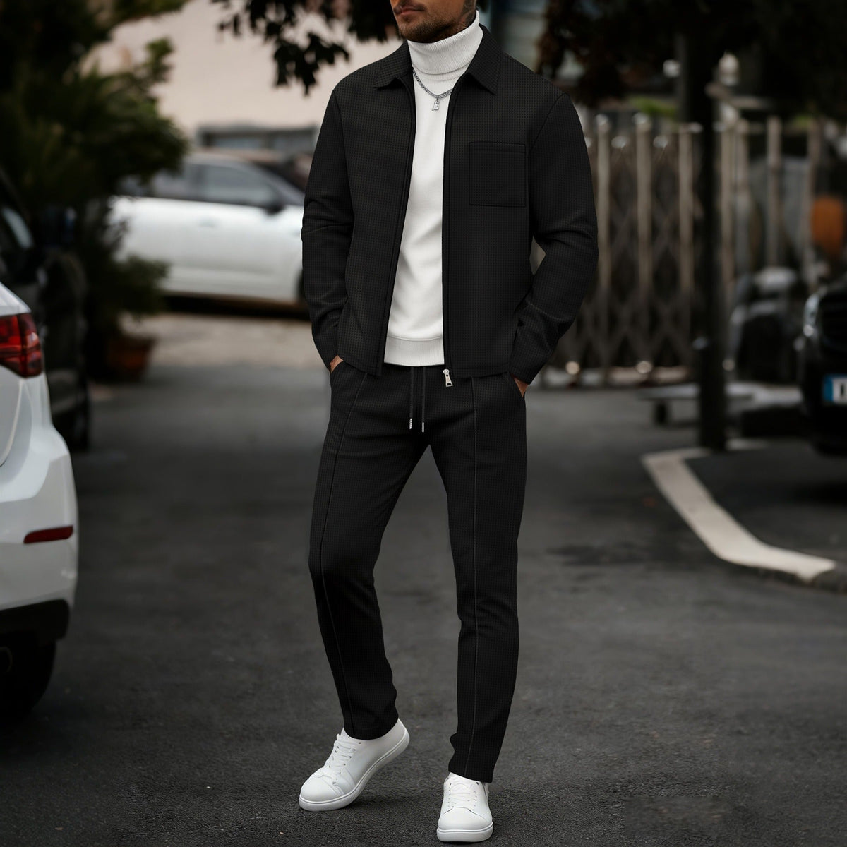 Men's Textured Two-Piece Zip Jacket and Trouser Set