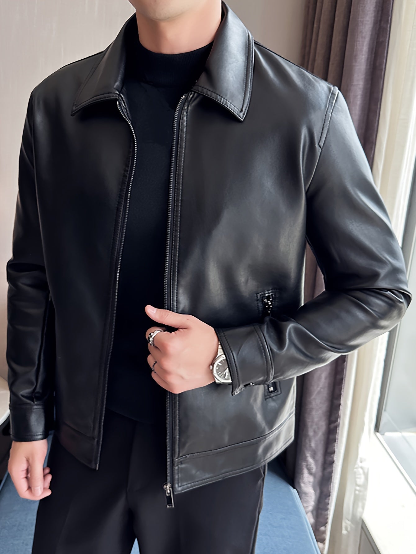 Men's Faux Leather Jacket with Zip and Pockets