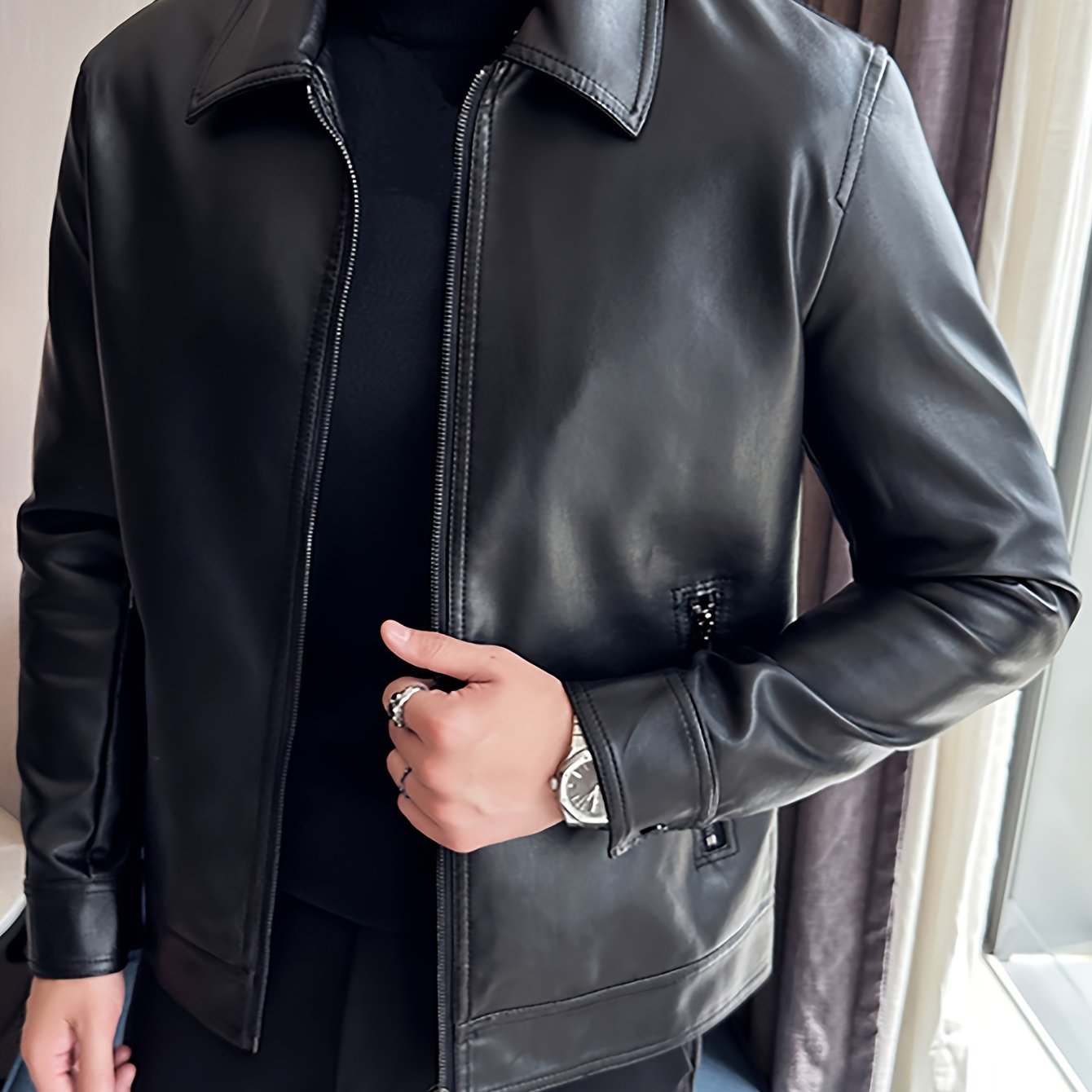 Men's Faux Leather Jacket with Zip and Pockets