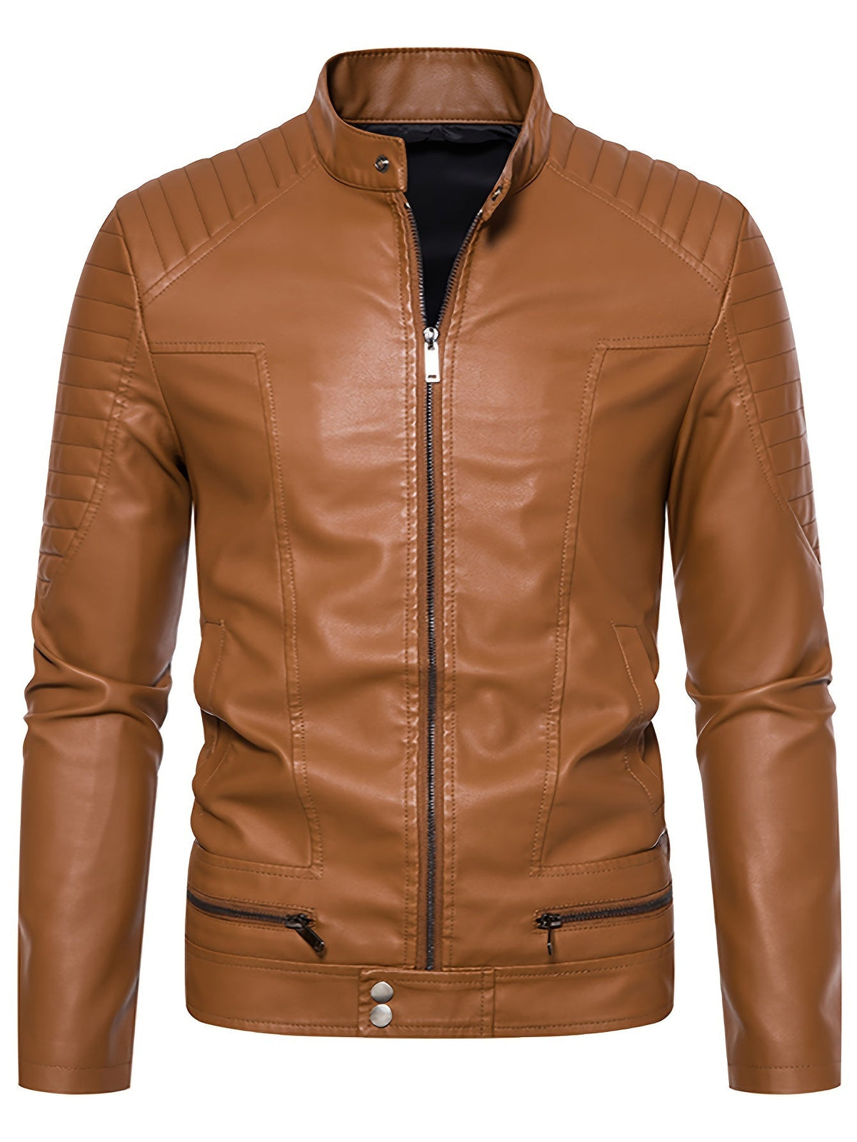 Men's Faux Leather Jacket with Funnel Neck