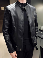 Men's Faux Leather Jacket with Funnel Neck