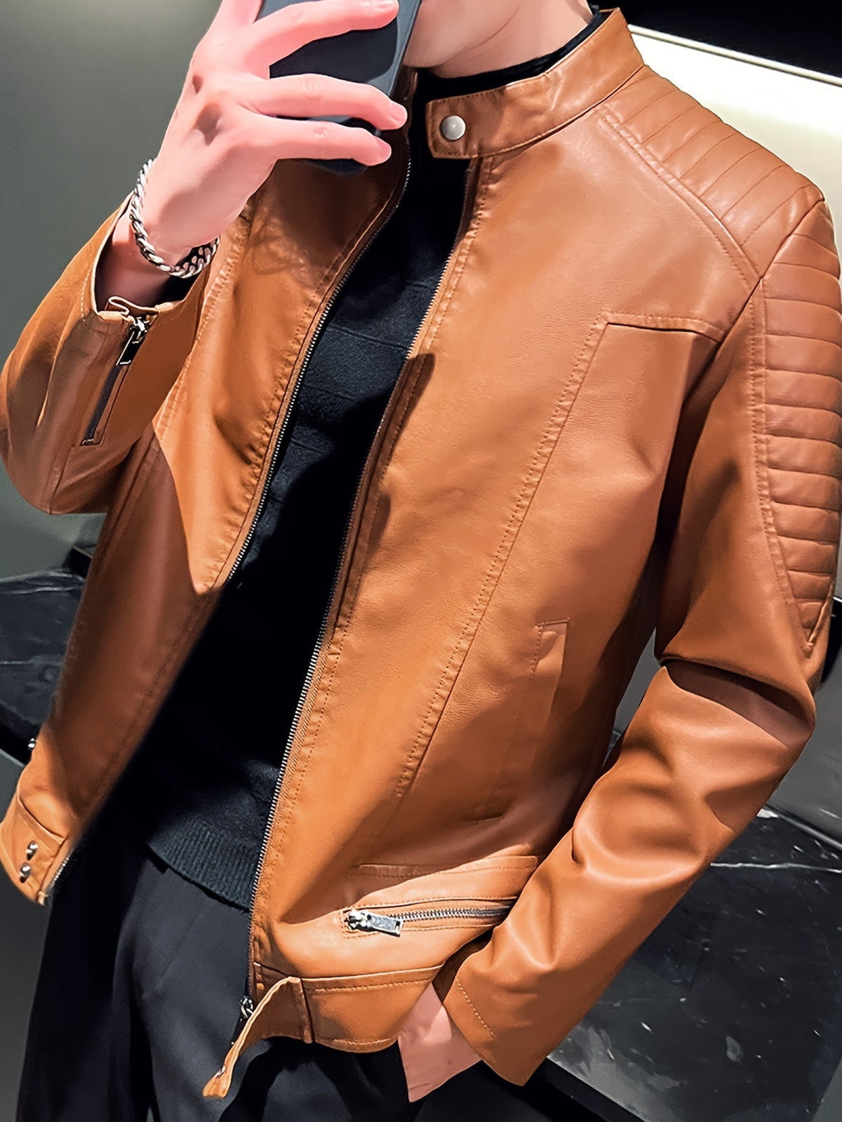 Men's Faux Leather Jacket with Funnel Neck