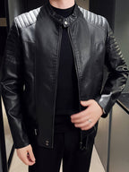 Men's Faux Leather Jacket with Funnel Neck