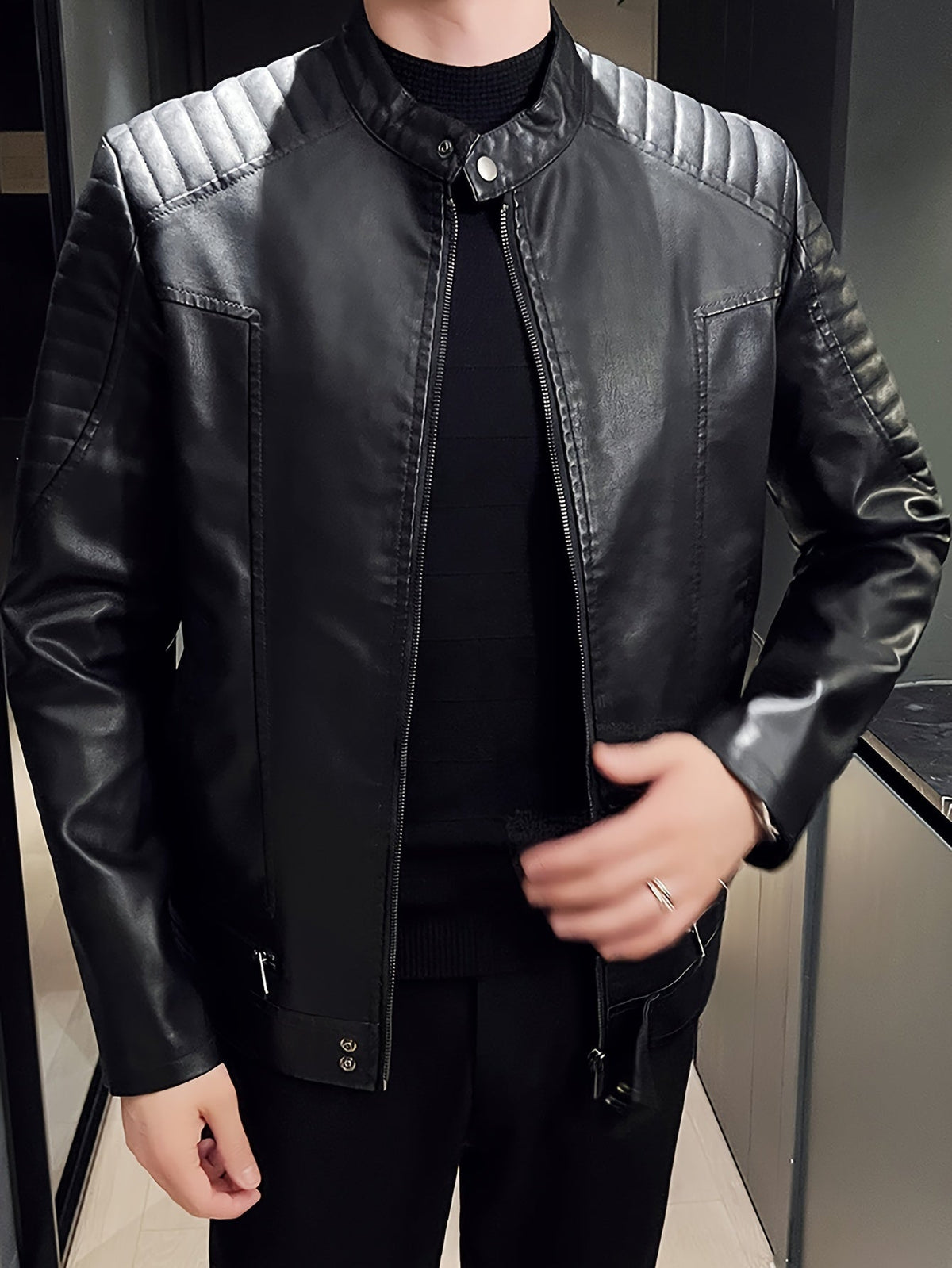 Men's Faux Leather Jacket with Funnel Neck