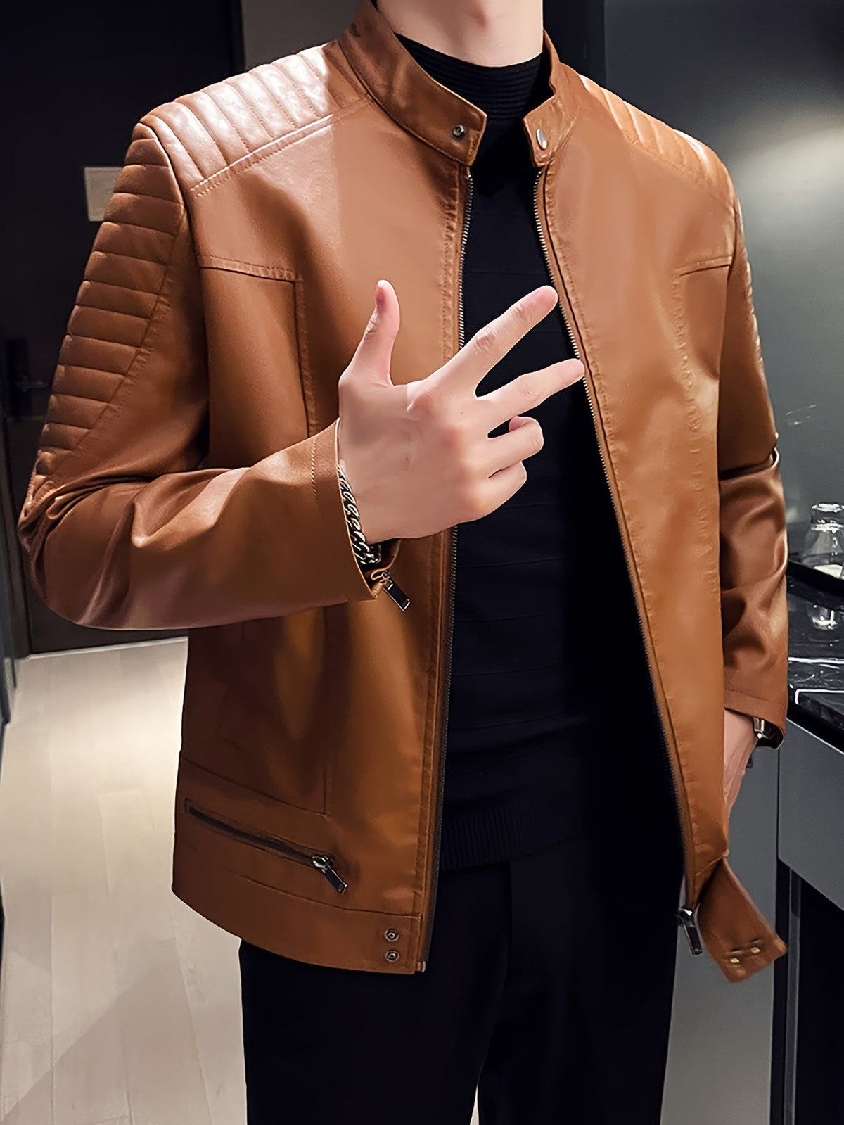 Men's Faux Leather Jacket with Funnel Neck