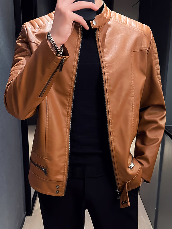 Men's Faux Leather Jacket with Funnel Neck