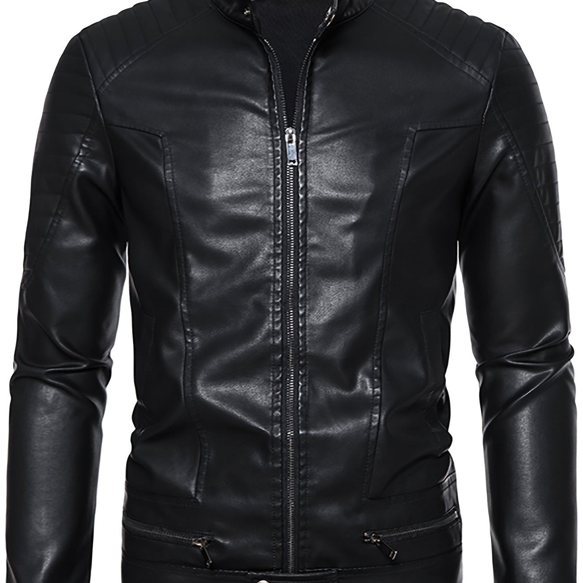 Men's Faux Leather Jacket with Funnel Neck
