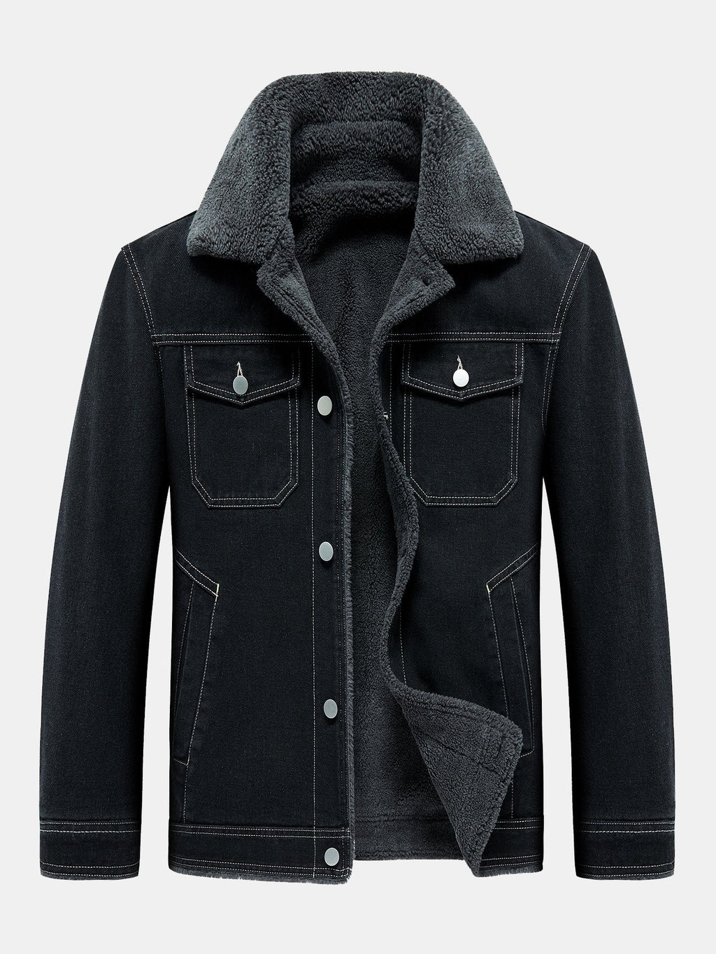 Men's Borg-Lined Denim Jacket – Vintage Washed Button-Up Winter Outerwear
