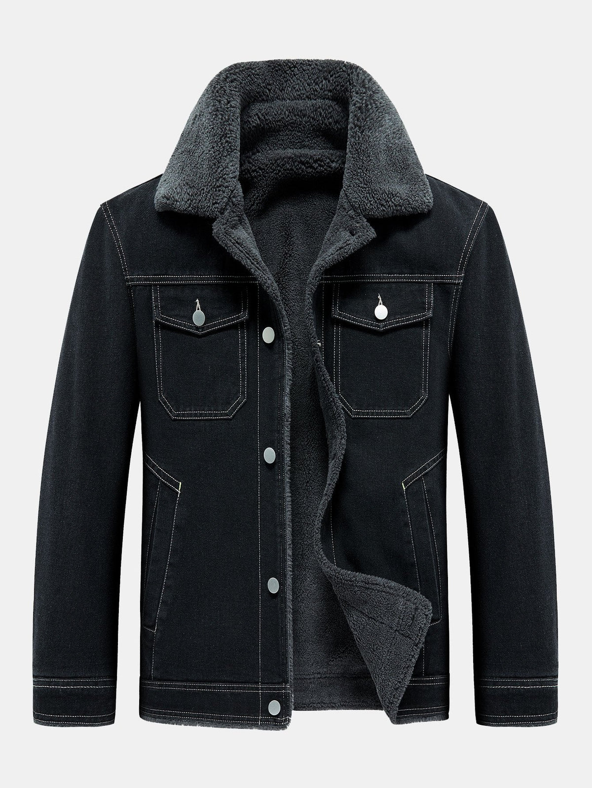 Men's Borg-Lined Denim Jacket – Vintage Washed Button-Up Winter Outerwear