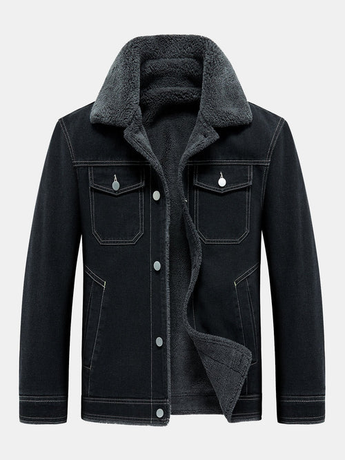 Men's Borg-Lined Denim Jacket – Vintage Washed Button-Up Winter Outerwear
