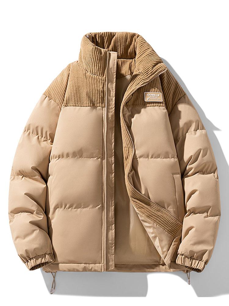 Men's Corduroy Panel Puffer Jacket – Warm High Collar Padded Winter