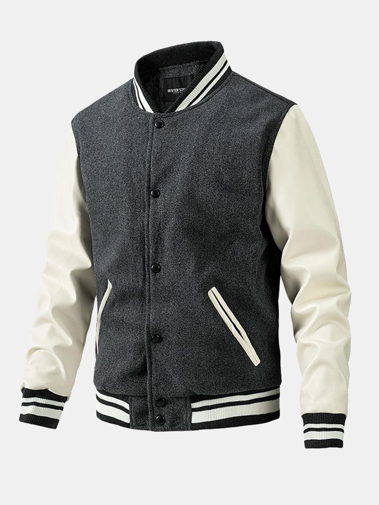 Men's Wool-Look Varsity Bomber Jacket with Faux Leather Sleeves